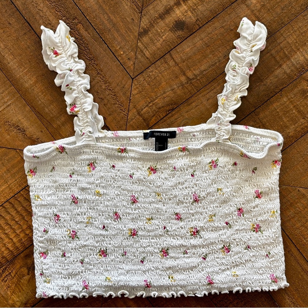 Forever 21 Cream Floral Ruffle Strap Crop Top